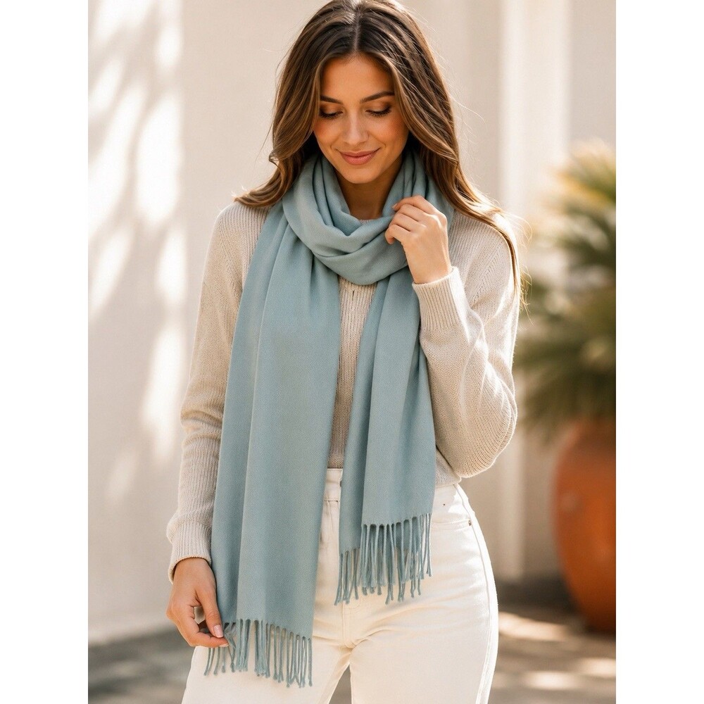 Club Room Women 100% Cashmere Fringe Scarf Light Blue Classic Luxury Lightweight